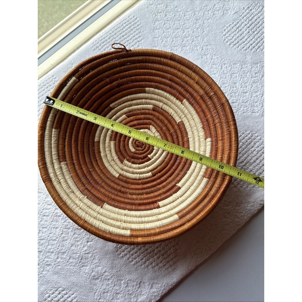 Hand Woven African Coiled Basket Bowl Wall Art Decor Brown Cream 10.75" D EUC - Picture 3 of 8